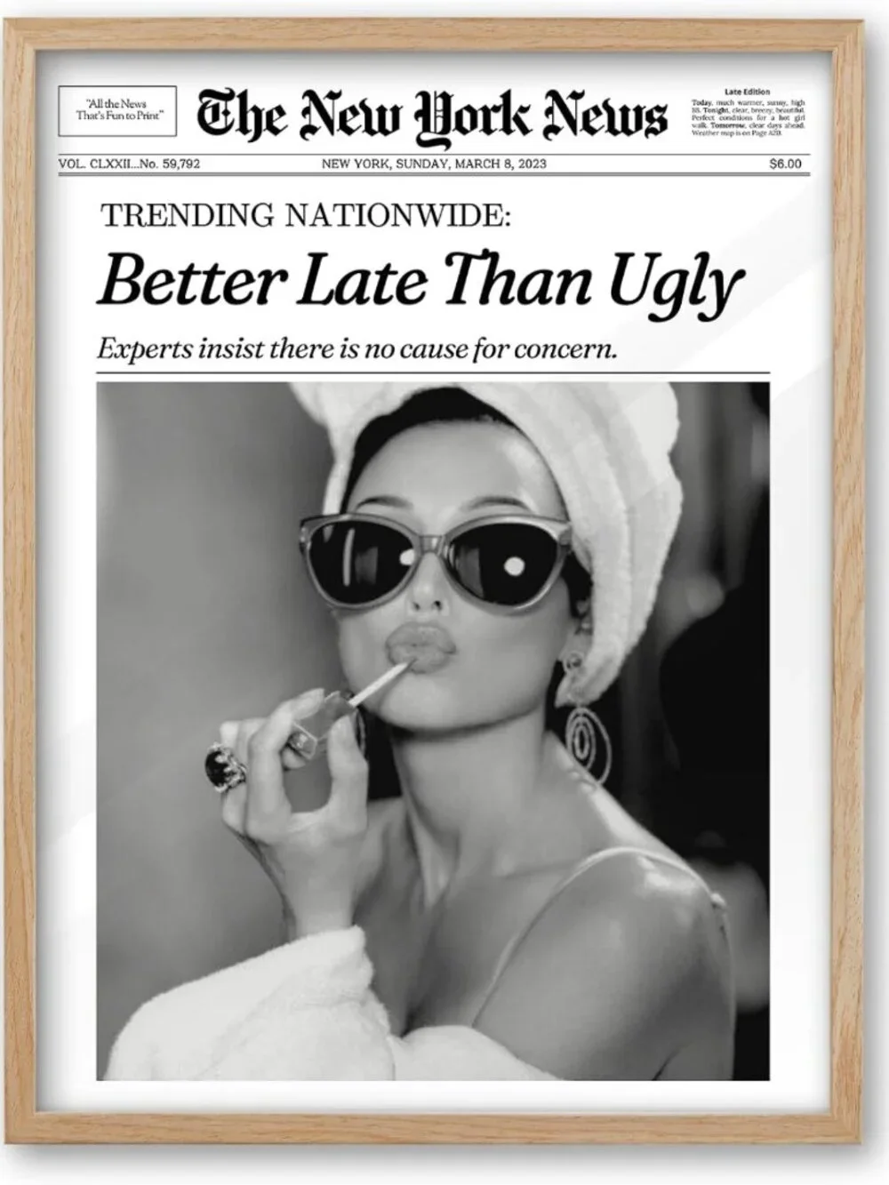 12x16in Audrey Hepburn 'Better Late Than Ugly' Framed Wall Art for Bathroom